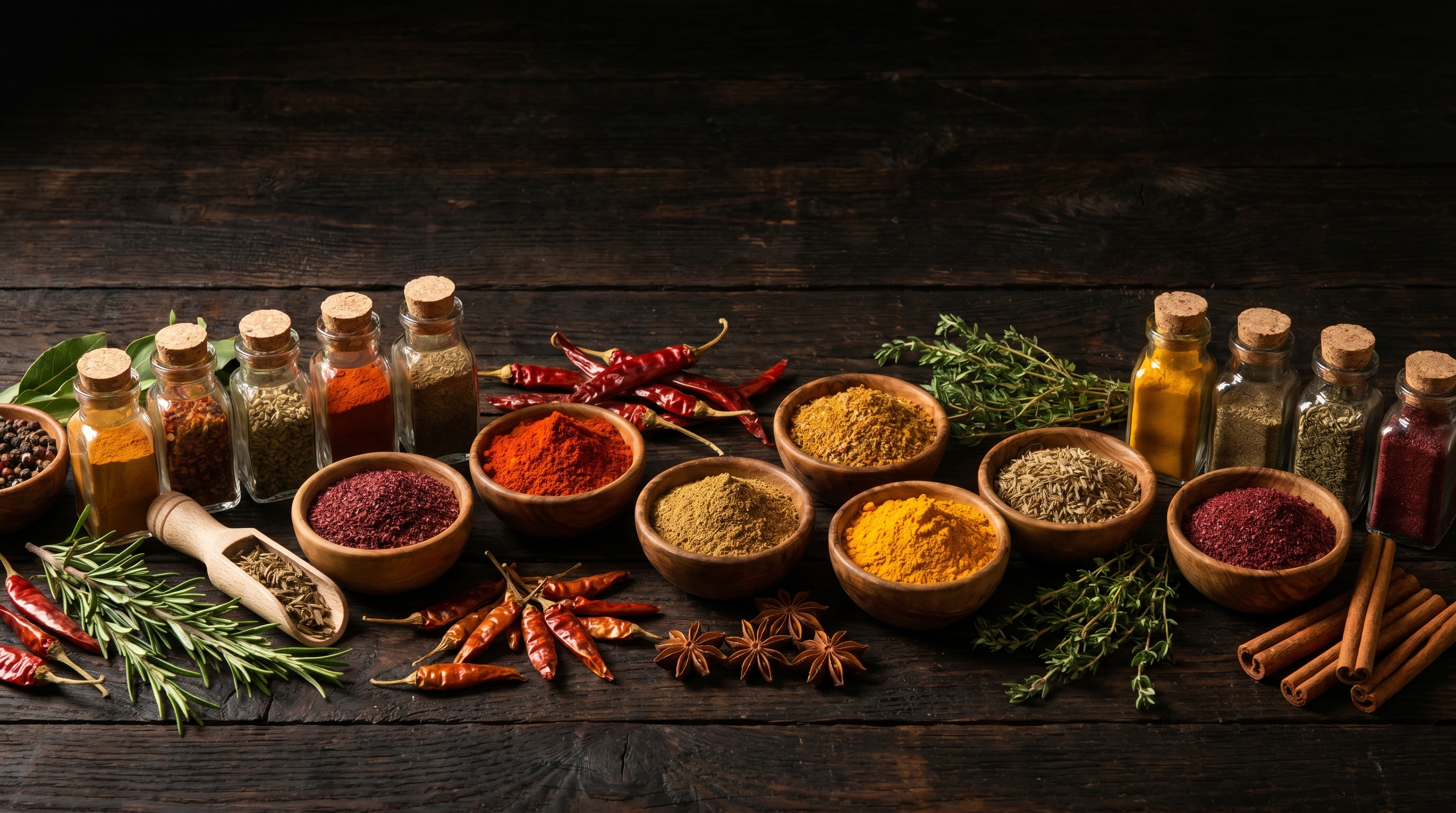 An array of vibrant spices and seasonings spread across a dark surface