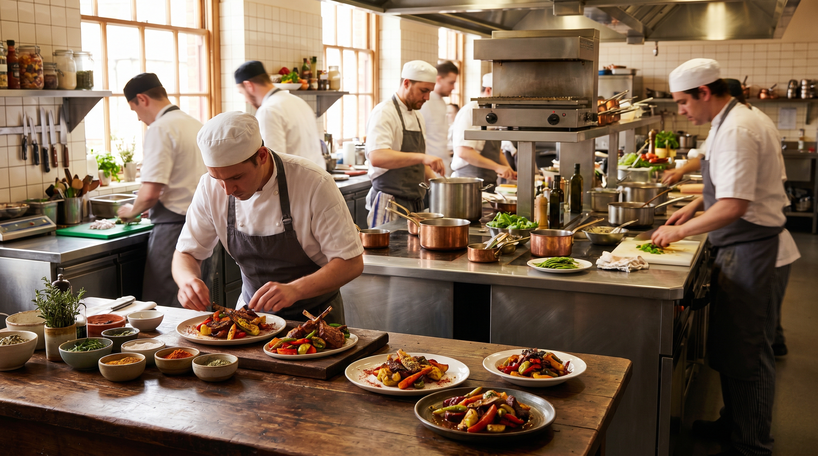 Commercial kitchen with chefs