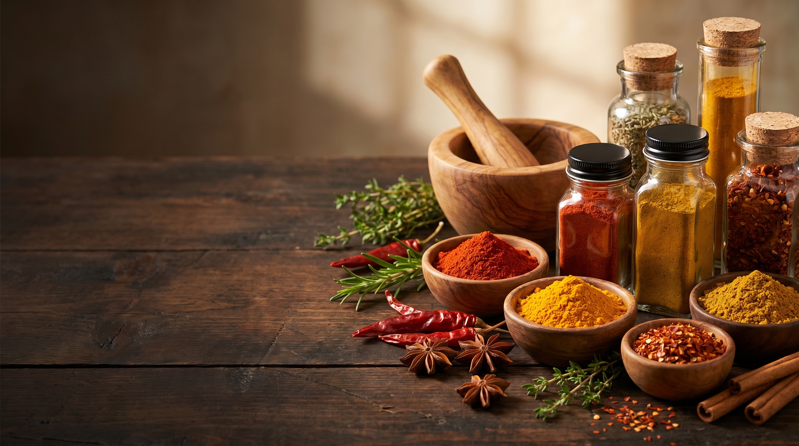 Assorted spice bottles, mortar and pestle, bowls of colorful spices, herbs, and peppercorns arranged on dark rustic wood — the craft of spice blending