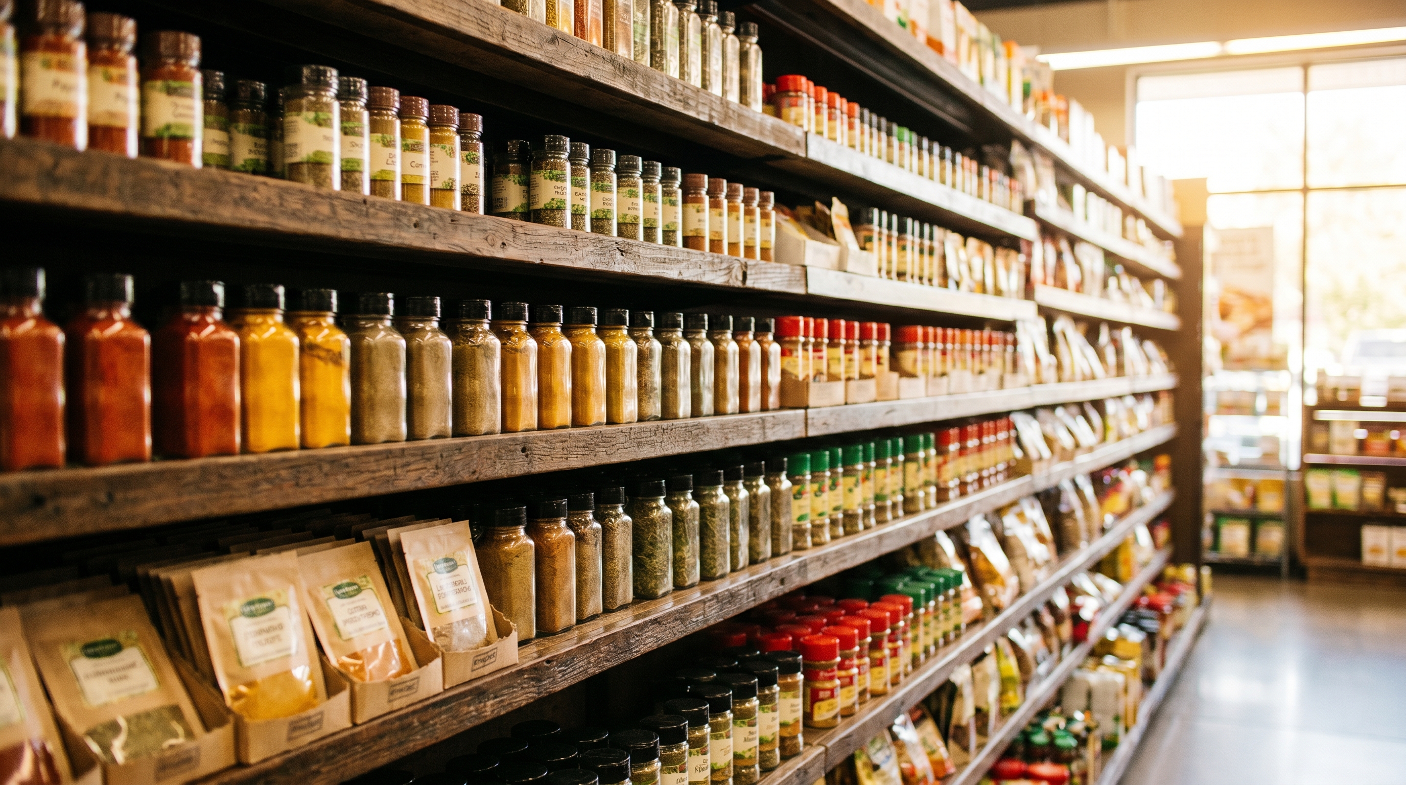 Stocked grocery spice shelf